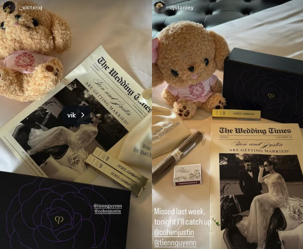 Khách mời khoe quà cô dâu chú rể chuẩn bị để đón tiếp khi check in nơi tổ chức tiệc.